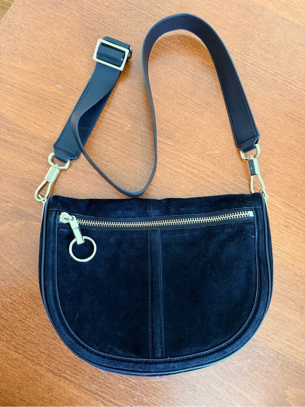 Elizabeth and James Black Suede Shoulder Bag with Gold Hardware
